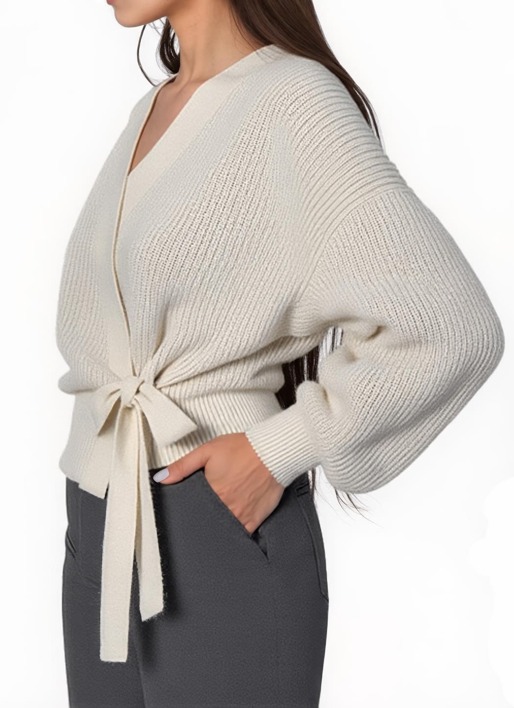 Cremefarbene Wickel-Strickjacke mit Bindeband und Ballonärmeln